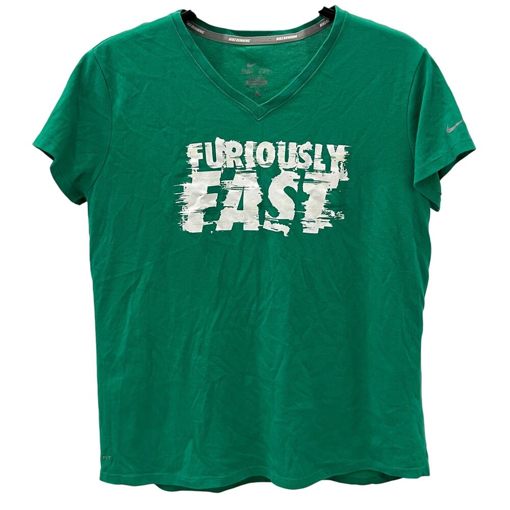 Nike Running Women's LG "Furiously Fast" V-neck Green Graphic T-shirt